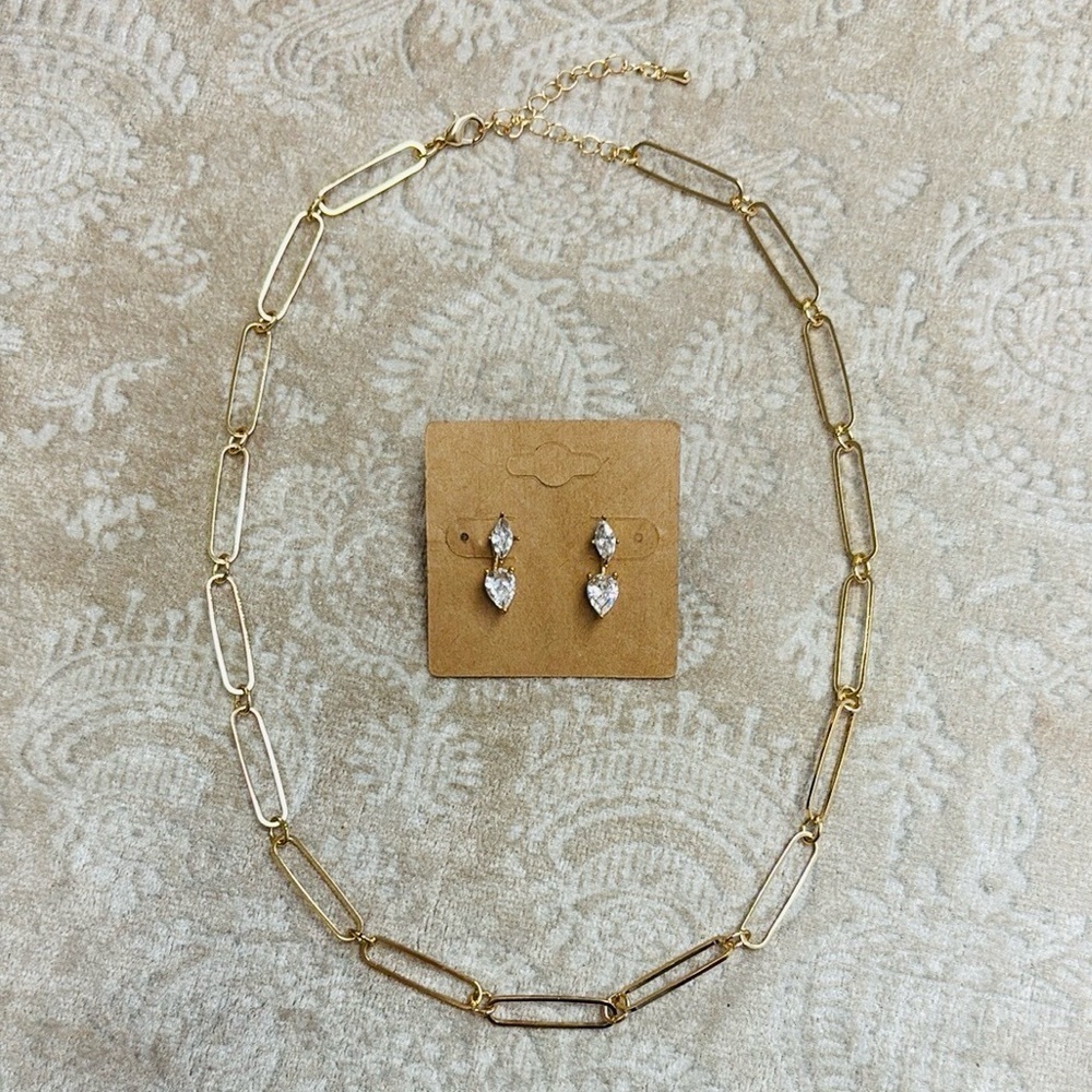 Brand New Gold Tone Paperclip Chain Necklace & Teardrop Marquise CZ Earrings Set